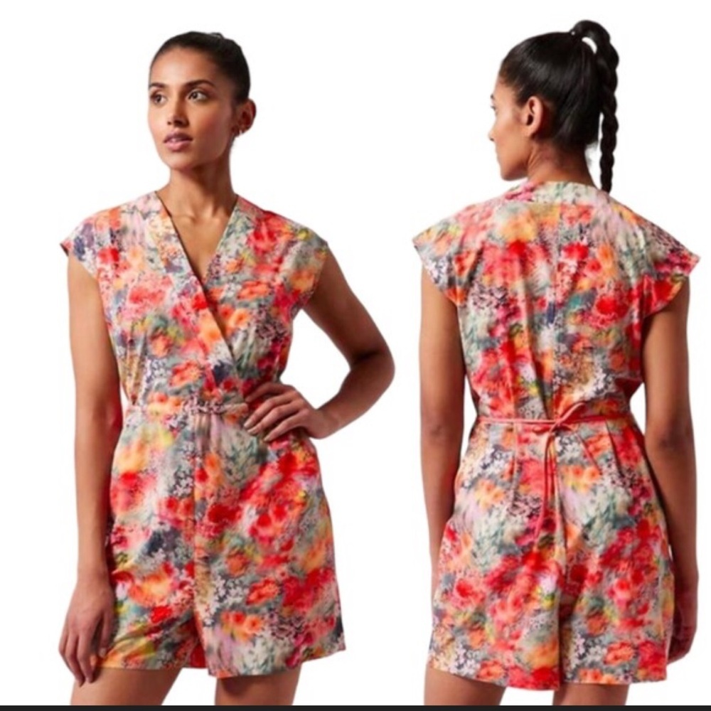 Athleta Coral Pink Floral Tie-Waist Romper